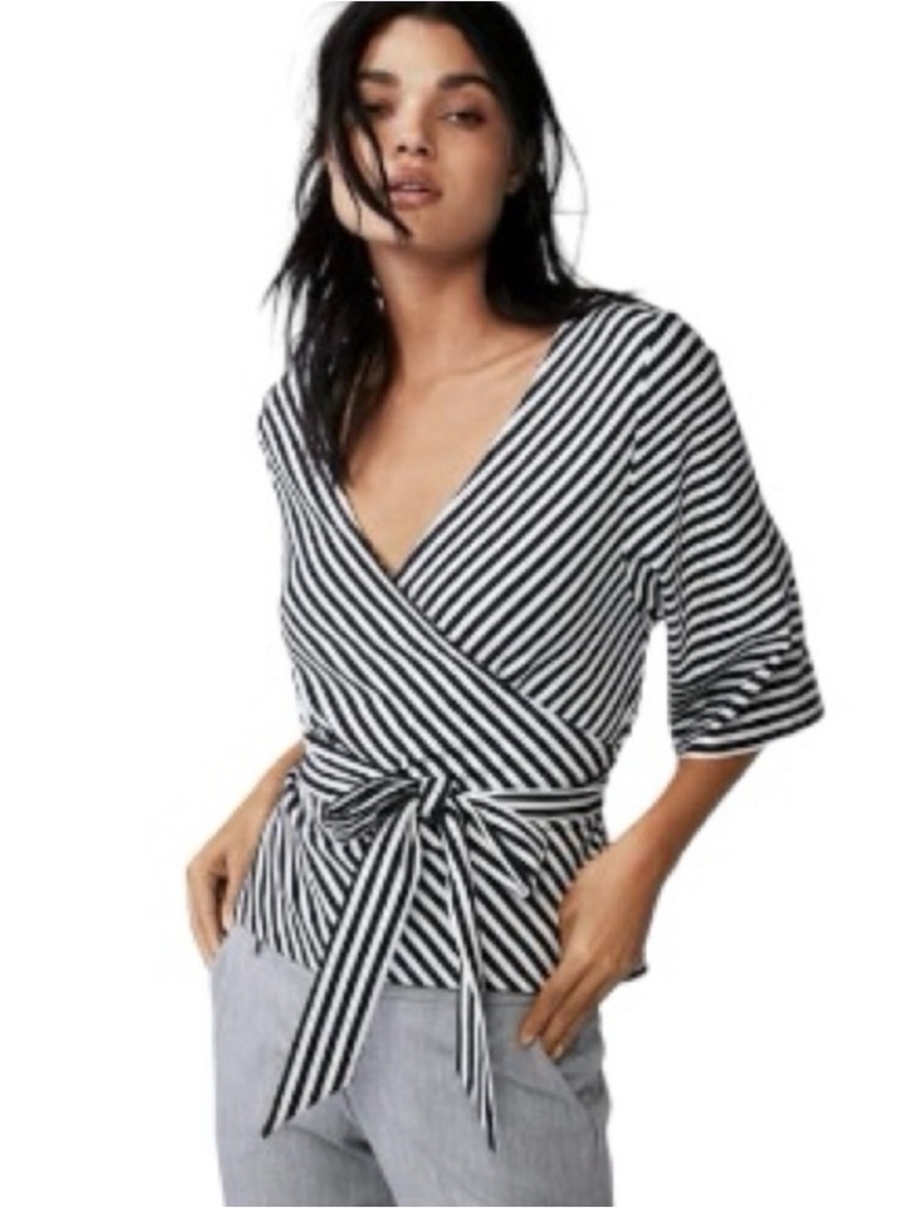 NEW Express Black and White Stripe Kimono Sleeve Tie Waist Top Size Medium